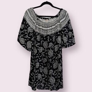 Green Dragon Boho Bohemian‎ Black & White Paisley Print Sheath Dress (M)